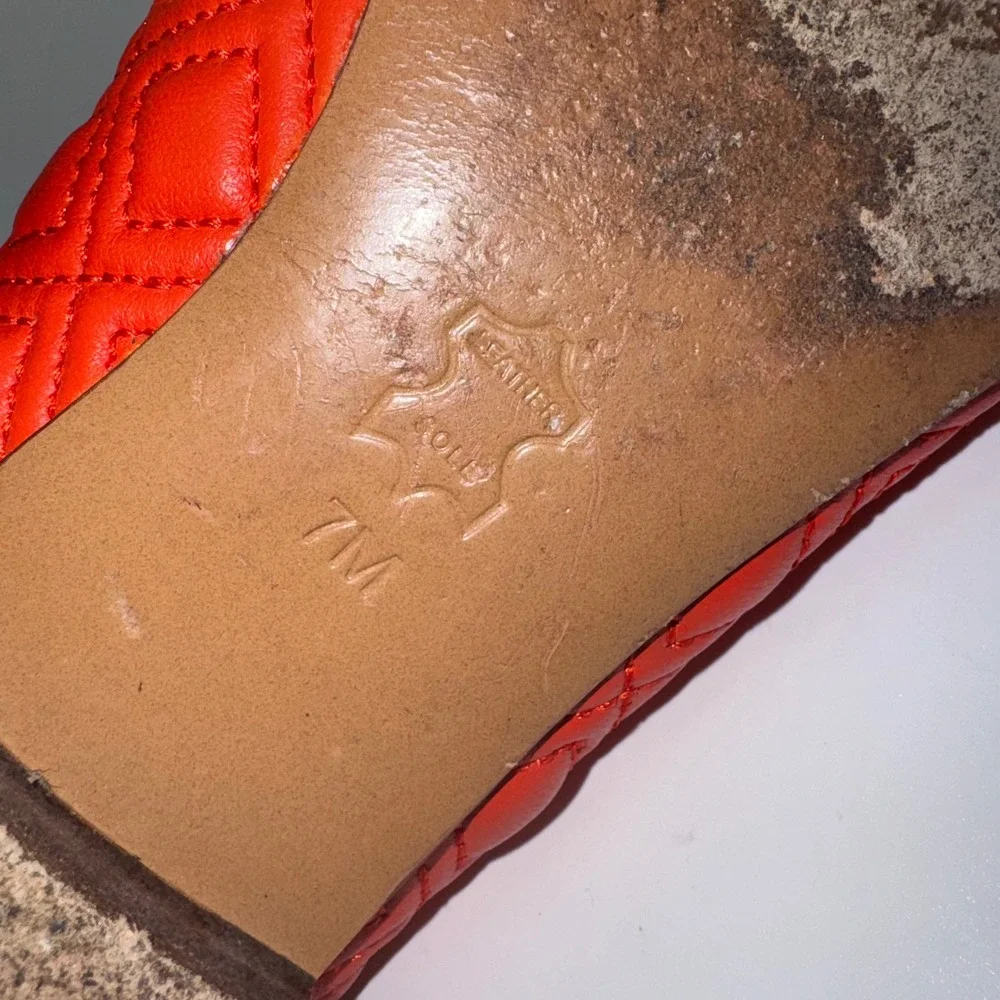 Tory Burch Marion Quilted Leather Ballet Flats Samba Red Bow Logo 7M Dress Shoes
